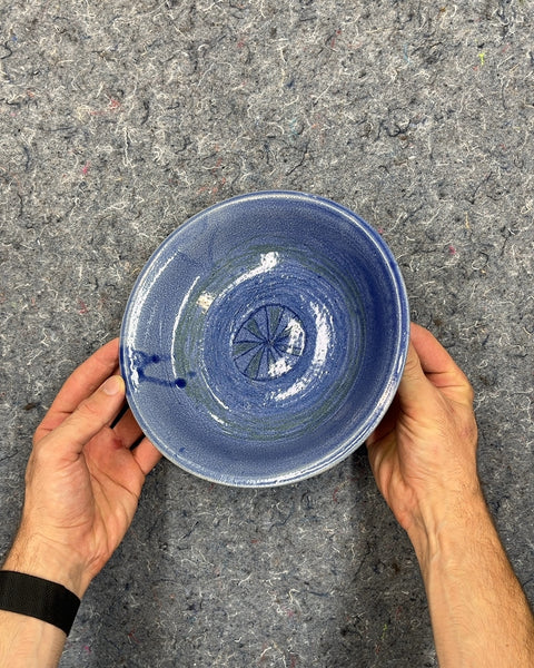 Handmade Blue Ceramic Shallow Bowl with Green Swirl Design, W9"