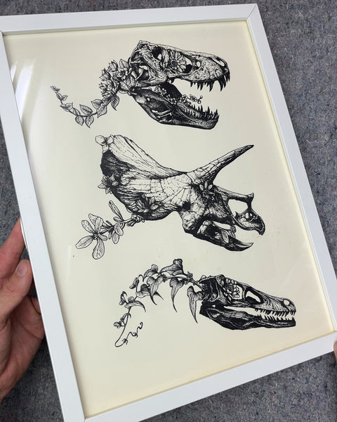 Framed Dinosaur Skull Botanical Art Print, 12x17"