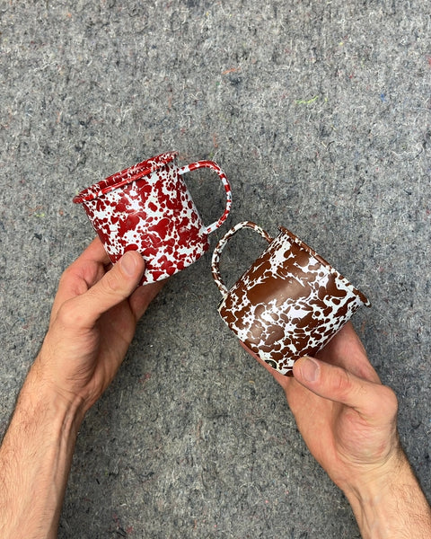 Red and Brown Speckled Enamelware Mugs