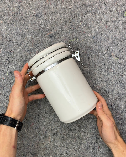 White Ceramic Clamp Top Canister 8"
