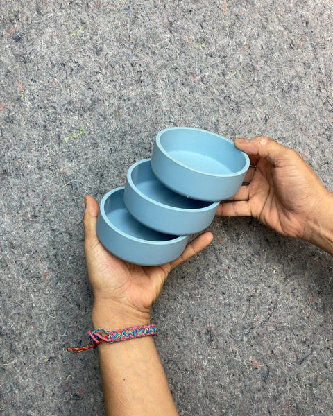 Three Small Silicone Blue Bowls