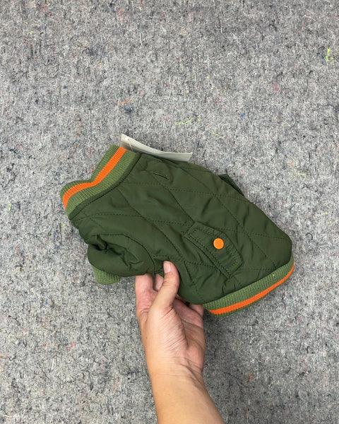 Quilted Green Pet Jacket with Orange Trim