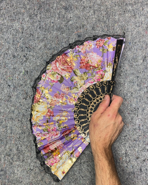 Purple Floral Hand Fan with Black Lace Trim