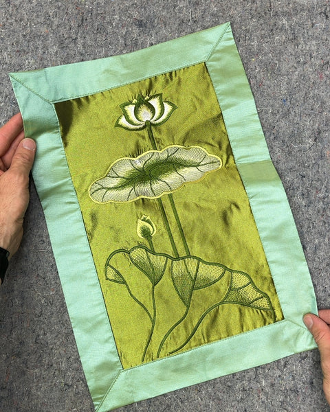 Green Lotus Flower Embroidered Wall Hanging, 12x18"