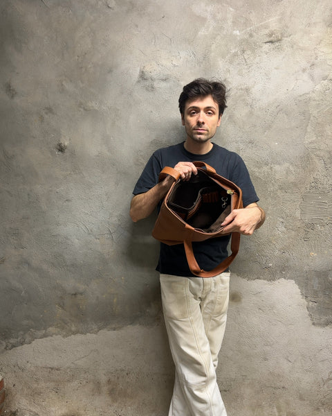Cognac Brown Leather Shoulder Tote Bag