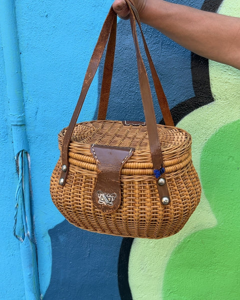 Woven Wicker Basket with Leather Straps