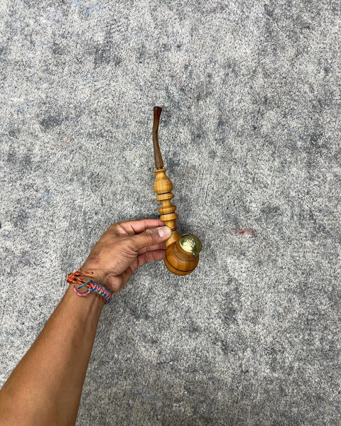 Vintage Hand-Carved Wooden Smoking Pipe with Hinged Metal Wind Cover