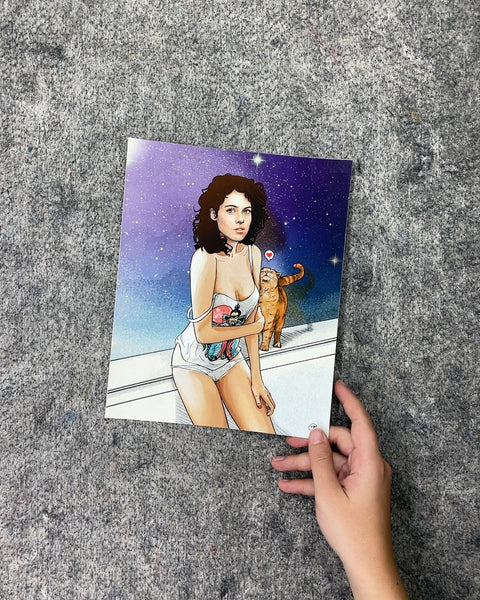 Woman and Cat Under Starry Sky Art Print, 8 x 10 in