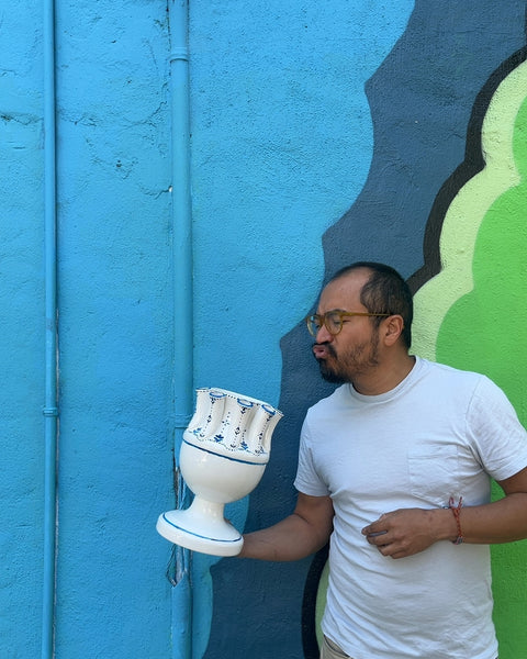 White and Blue Ceramic Tulipiere Vase