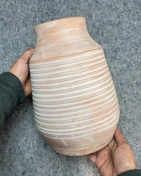 Terracotta Vase with White Stripes, H11"