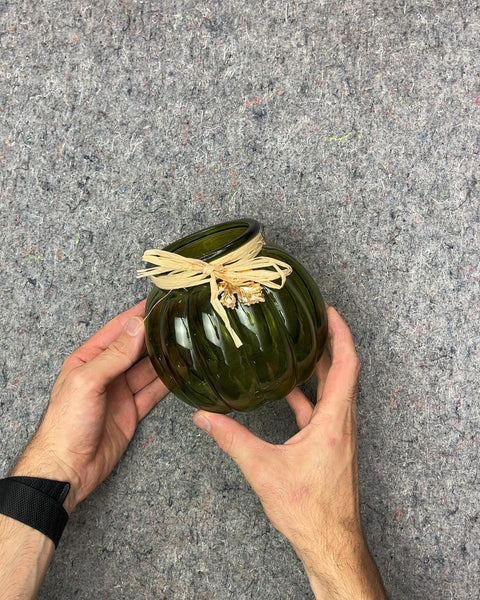 Green Glass Pumpkin Vase, W4"