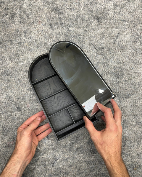 Arched Black Wood Jewelry Box with Mirror