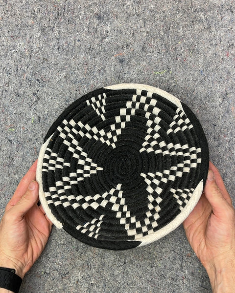 Black and White Shallow Woven Basket, W11"