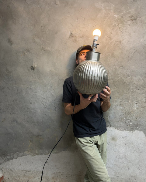 Another Ribbed Silver Metal Table Lamp Base, H18"