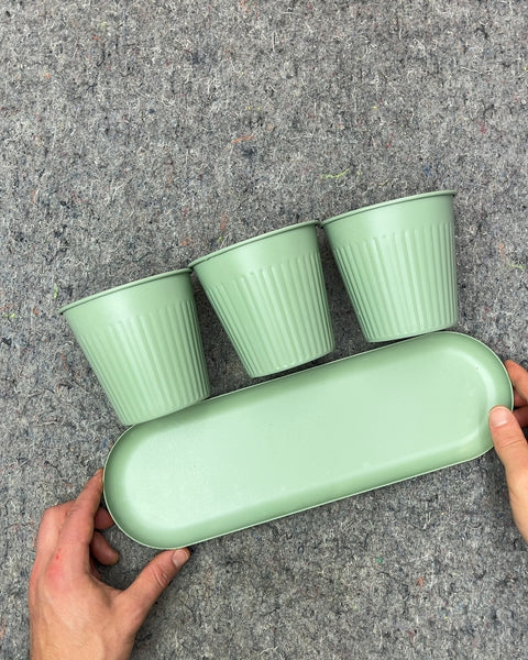 Green Fluted Planters with Tray, 4" each