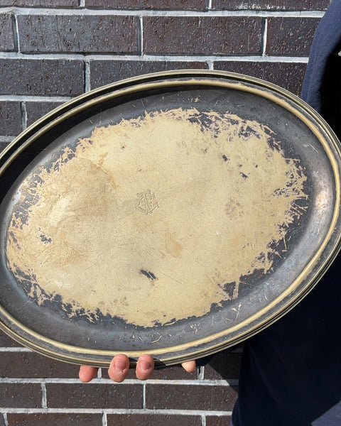Vintage Oval Metal Serving Tray, 14"