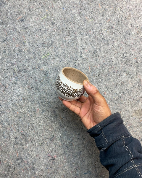 White Ceramic Pot with Brown Pattern