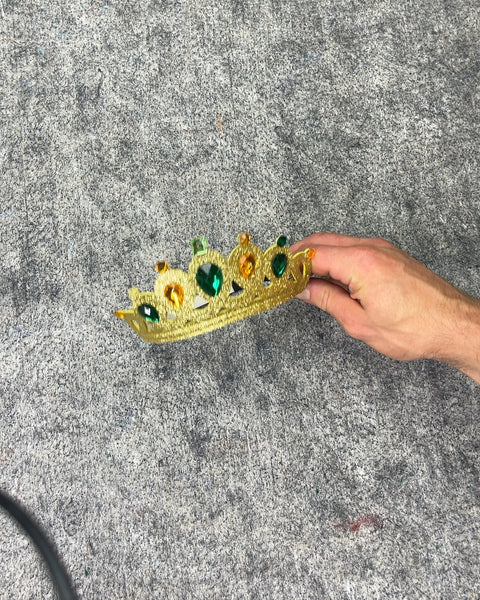 Gold Plastic Crown with Green and Orange Jewels
