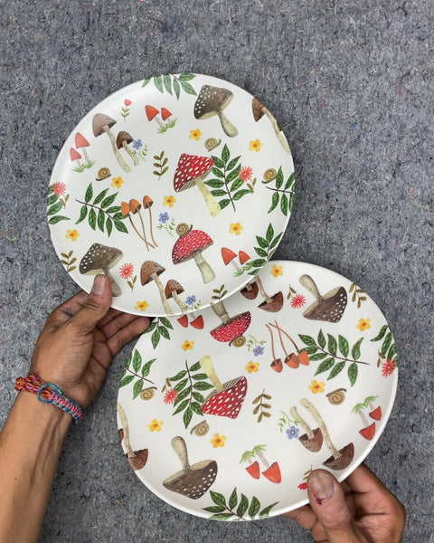Mushroom and Floral Print Bamboo Plates