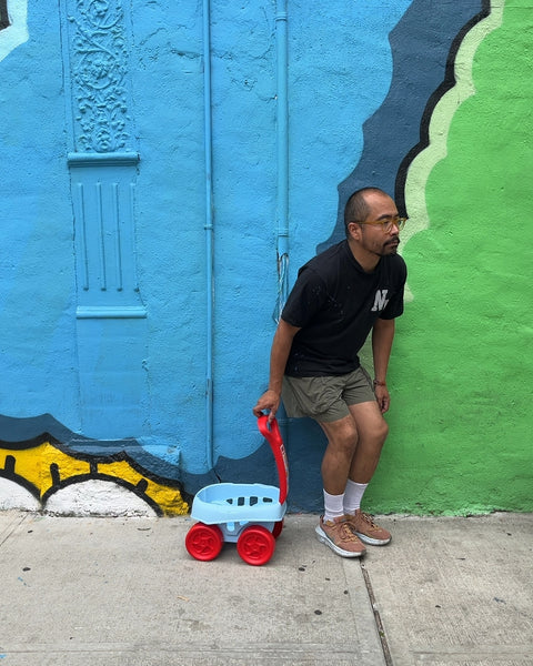 Blue and Red Plastic Push Wagon For Toys