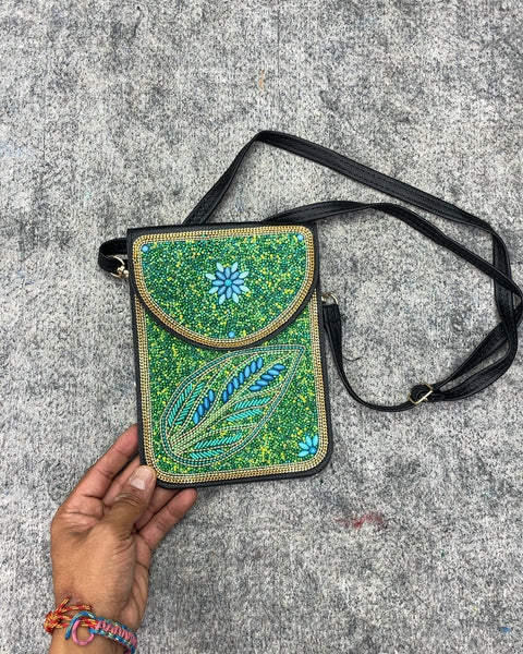 Beaded Green Floral Crossbody Bag