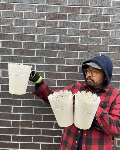 Three White Metal Hanging Flower Pots