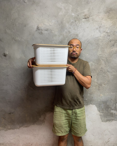 White Perforated Plastic Storage Bins with Bamboo Lids, 14x10x10”