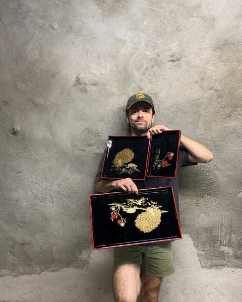 Set of 3 Japanese Black Lacquerware Decorative Trays