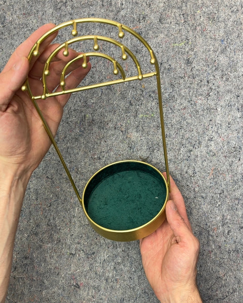 Gold Metal Jewelry Holder with Green Velvet Base, H12"