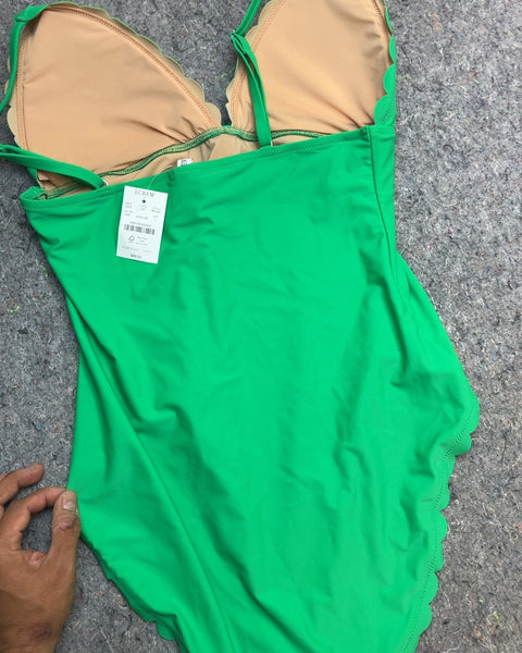 Brand New J.Crew Green Scalloped One Piece Swimsuit, Size L