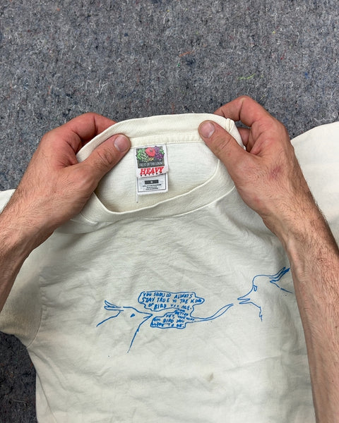 White Graphic T-Shirt Of A Deep Discussion Between 2 Birds, Size S