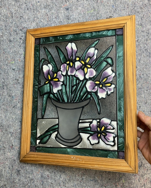 Framed Floral Stained Glass Art, W12xH15"