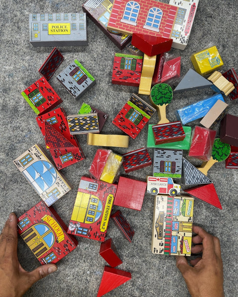 Vintage Wooden Town Building Blocks Toy Set