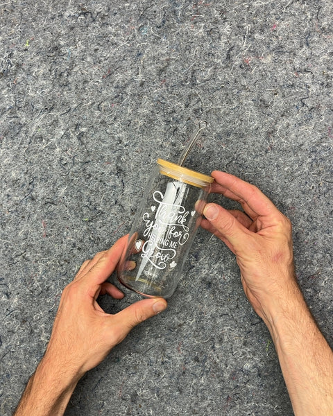 Glass Can Shaped Drinking Glass with Bamboo Lid and Straw