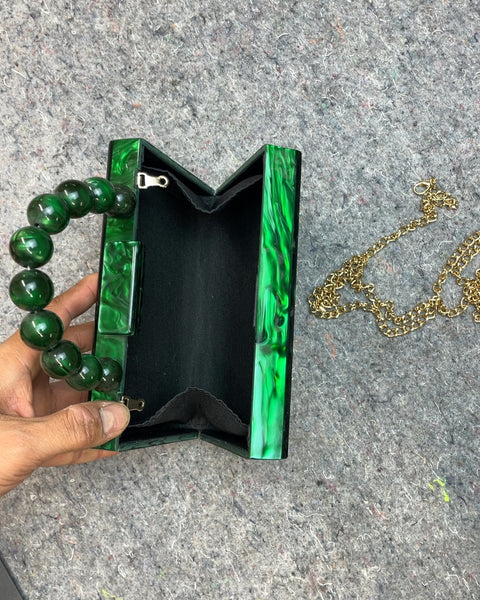 Green Marbled Acrylic Beaded Handle Clutch Bag