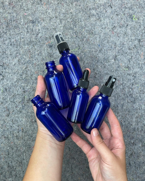 Blue Glass Spray and Dropper Bottles