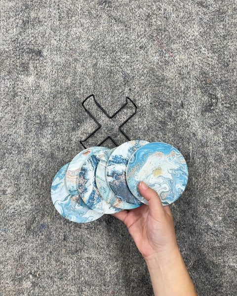 Blue Swirl Pattern Coasters with Black Metal Holder, Set of 6
