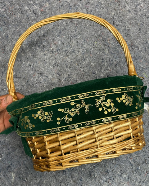 Woven Basket with Green Velvet Liner