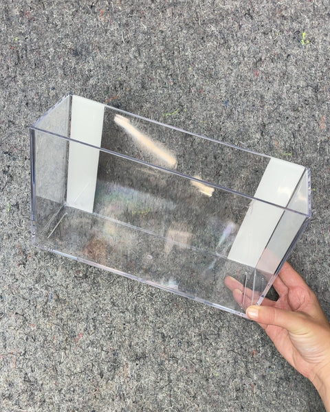 Clear Acrylic Storage Bin, 11 x 2.5 in, Hanging Stickers Need Replacing