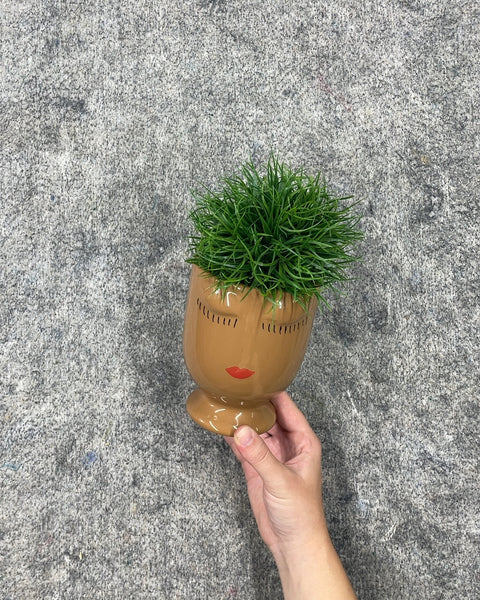 Ceramic Face Planter with Faux Grass