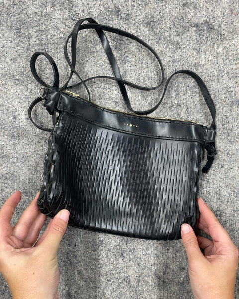 Black Leather Woven Crossbody Bag