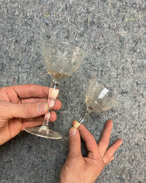 Two Vintage Etched Coupe Glasses