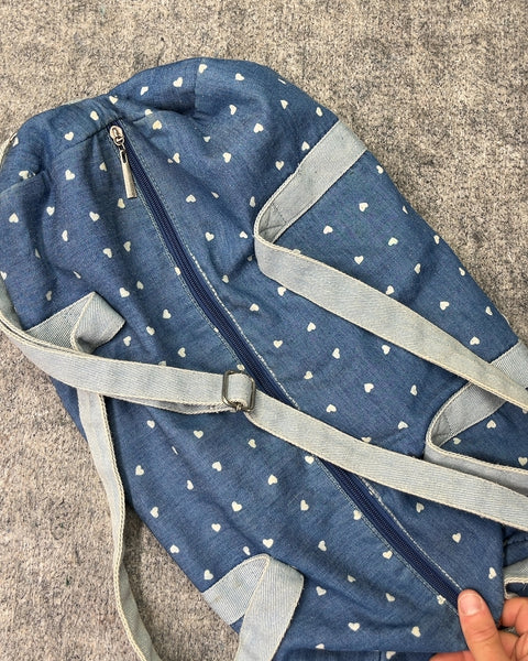 Blue Denim Heart Print Duffle Bag