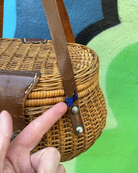 Woven Wicker Basket with Leather Straps