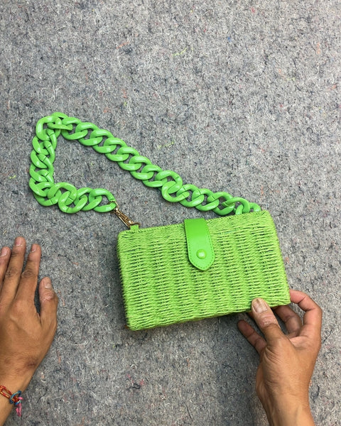 Green Woven Clutch with Chain Strap