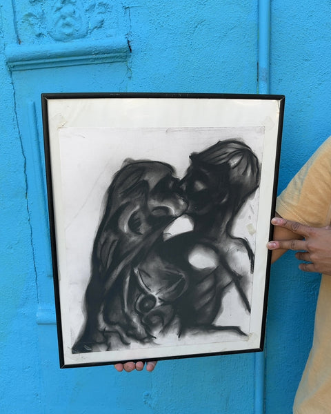 Framed Charcoal Drawing of Kissing Couple, 16x20"