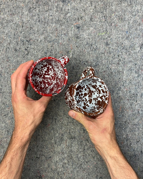 Red and Brown Speckled Enamelware Mugs