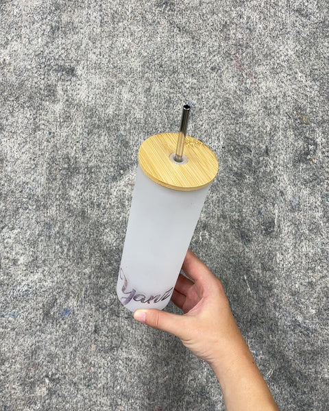 Frosted Glass Tumbler with Bamboo Lid and Metal Straw