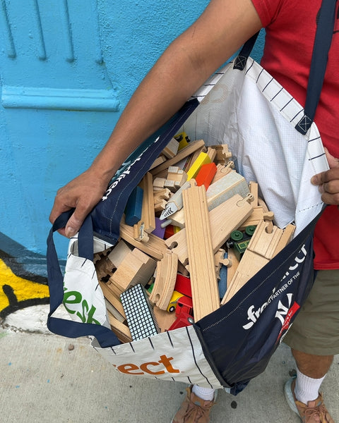 A Whole Bag Of Wooden Trains, Tracks and Accessories Includes NYC Subway Cars & Buildings...