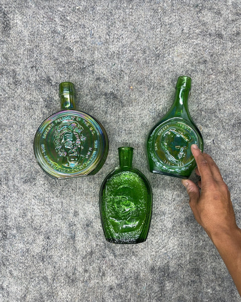 Vintage Green Glass Commemorative Flask Bottles